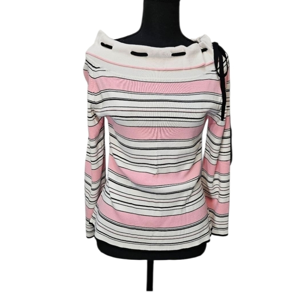 Karen Lessly Stripped Top 68% Rayon 32% Nylon Pink Black White Sz M